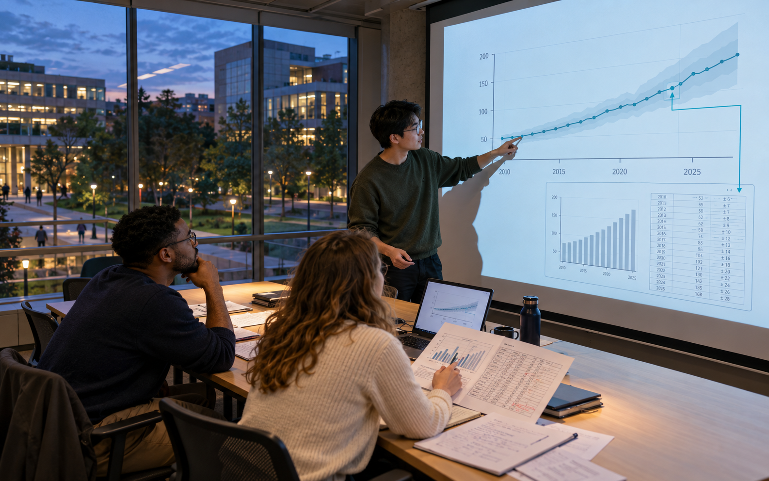 Three university students of Black, East Asian, and White backgrounds compare a projected data slide with a marked-up source chart in an evening campus seminar