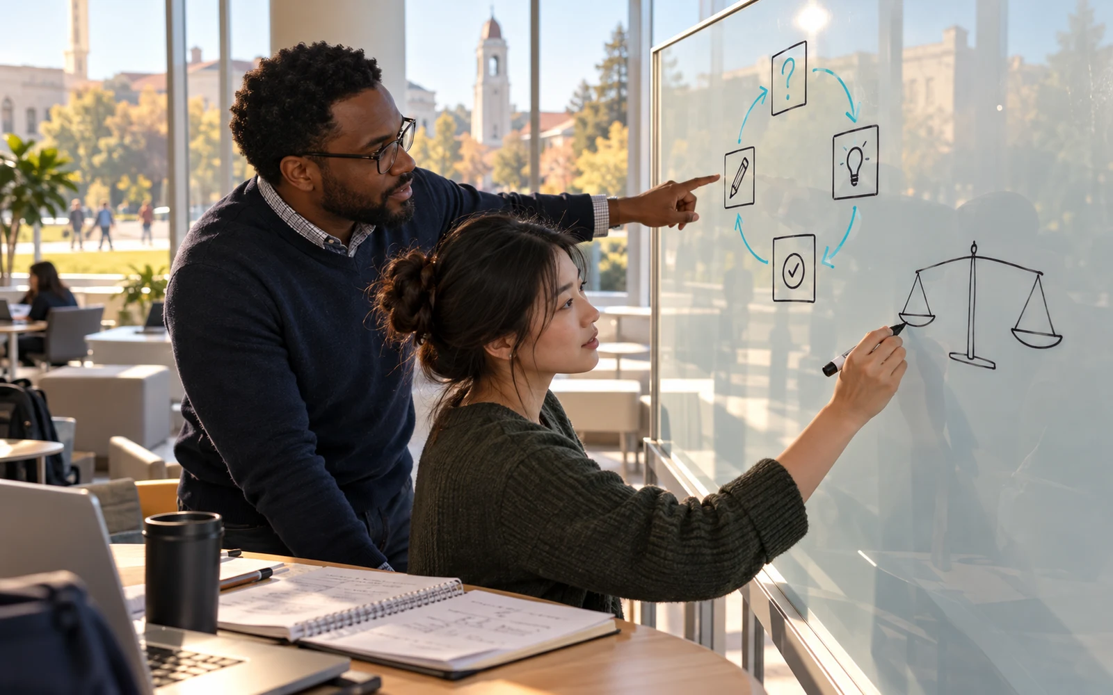 Illustrative scene of an educator and learner discussing a four-part tutoring loop and a balance-scale drawing on a glass board in a bright study area.