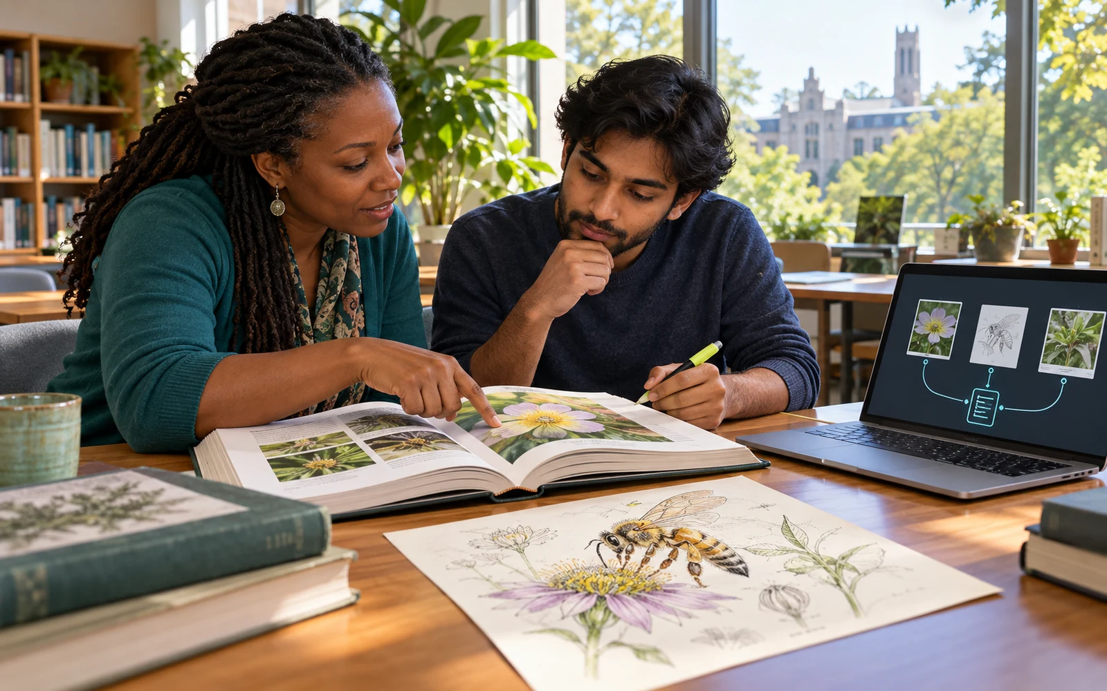 Illustrative scene of an educator and learner comparing a botany book and pollinator drawings with a laptop diagram linking three sources to a note.