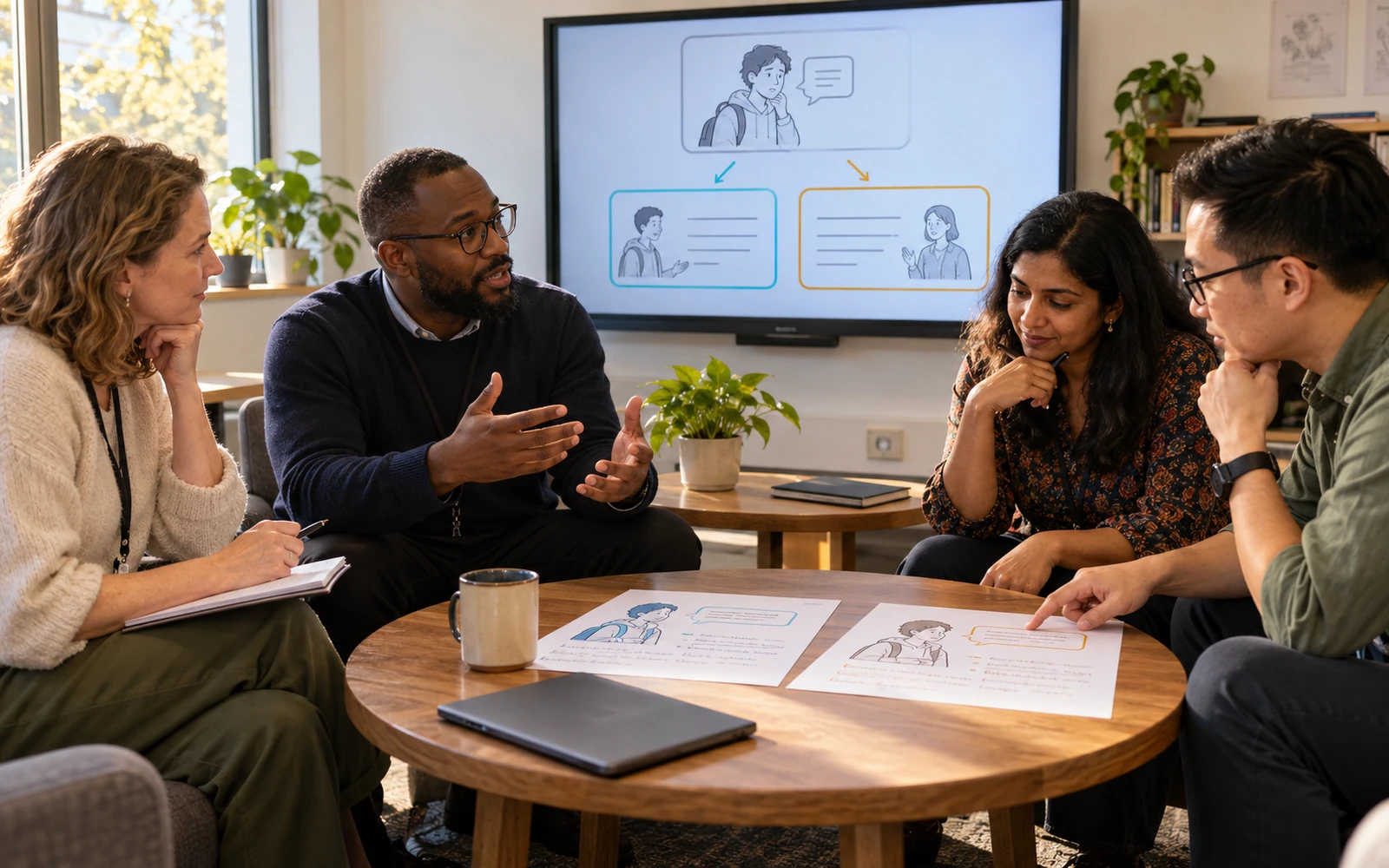 Illustrative photograph of a teacher-education group discussing a short fictional tutoring exchange, with two alternative response cards on a seminar table.
